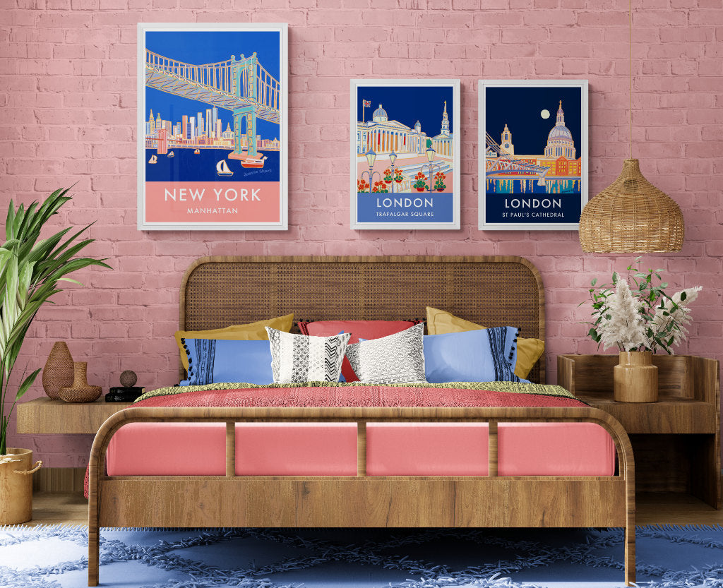 City poster prints in a bedroom setting