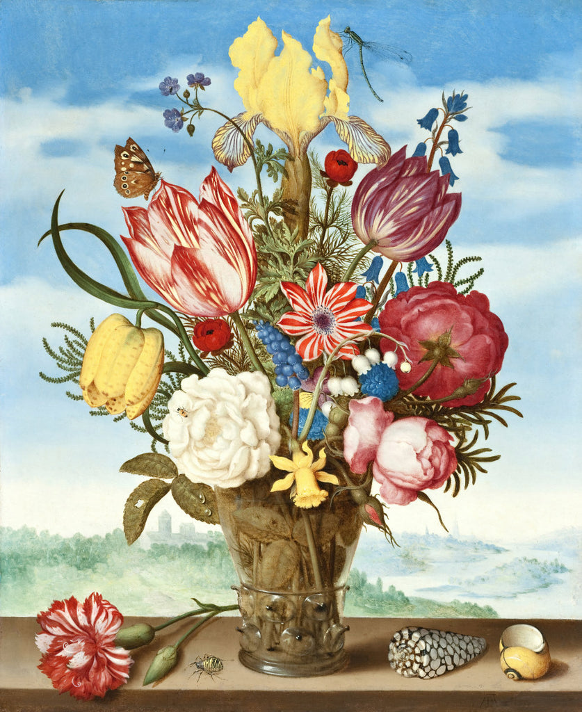 'Bouquet of Flowers on a Ledge' Still Life by Ambrosius Bosschaert. Open Edition Fine Art Print. Historic Art