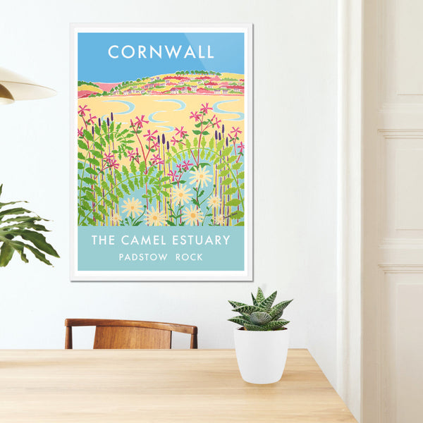 Cornish art poster print with wildflowers of the Camel Estuary from padstow by Cornish artist Joanne Short