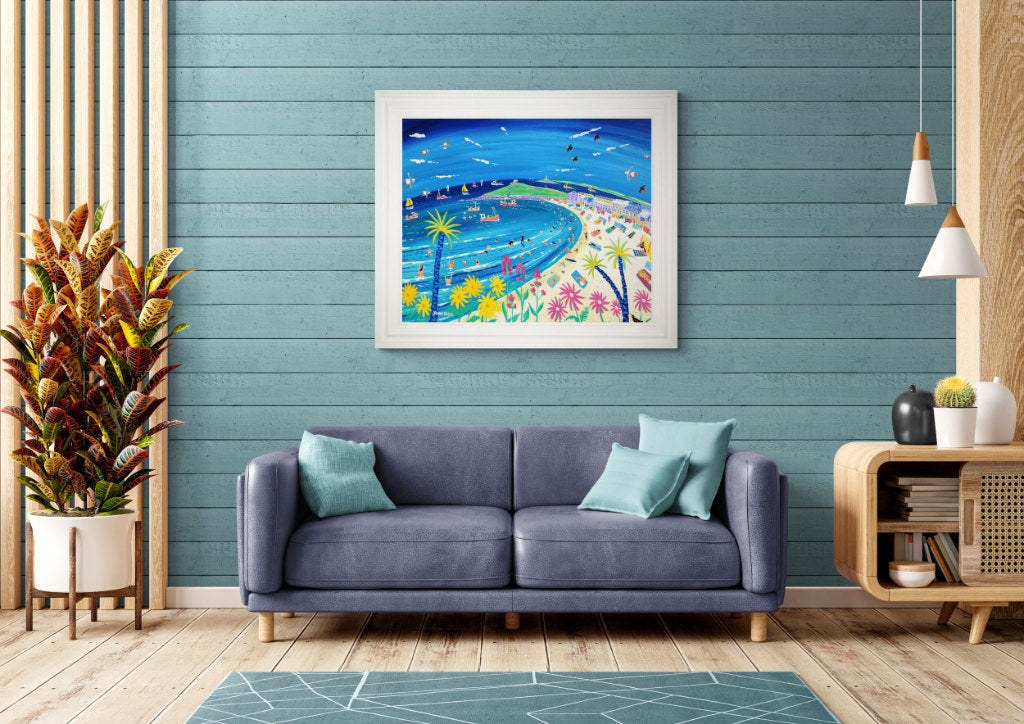 'Tropical Days at Porthmeor Beach, St Ives'. 33x40 inches original art acrylic on board. Paintings of Cornwall by Cornish Artist John Dyer. Coastal Art, Cornwall Art Gallery