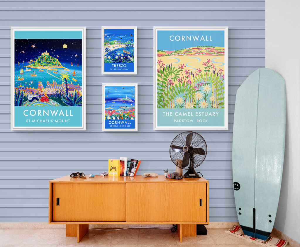 Cornish art poster prints in a surfers room setting