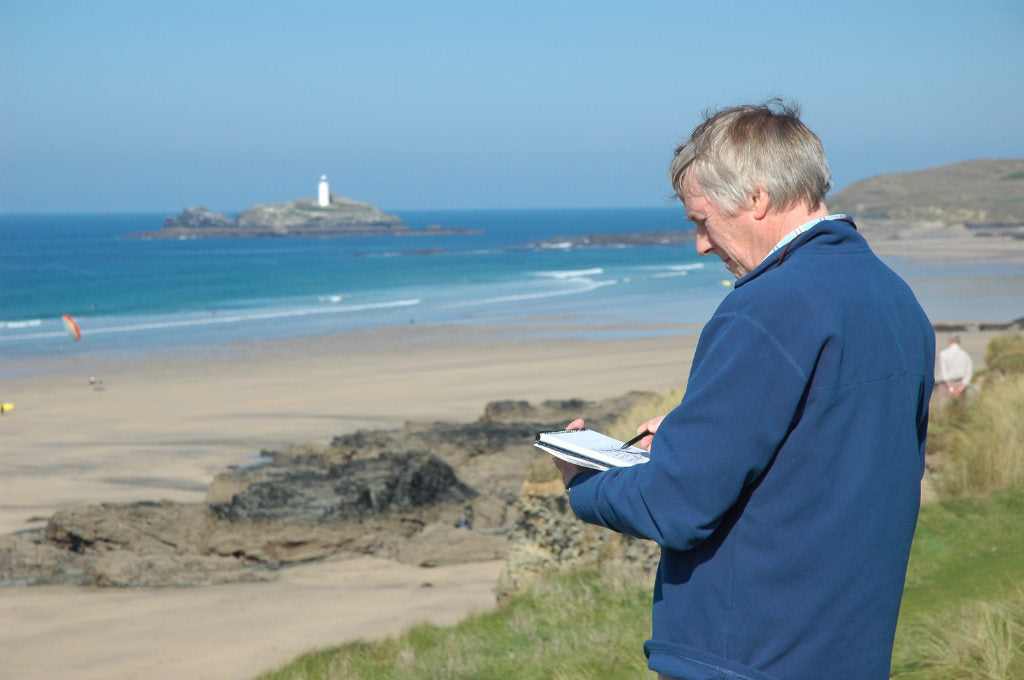 Cornwall artist Ted Dyer paintings and drawing on the beach at Gwithian in Cornwall