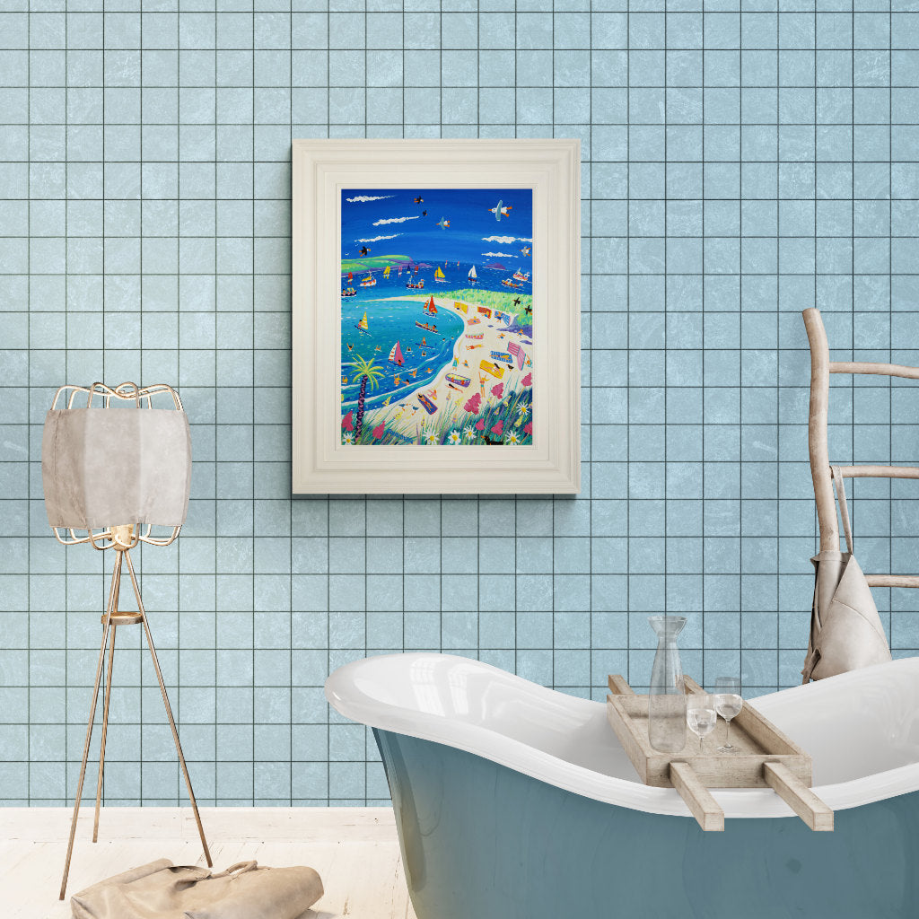 Acrylic coastal painting by John Dyer displayed in a bathroom setting