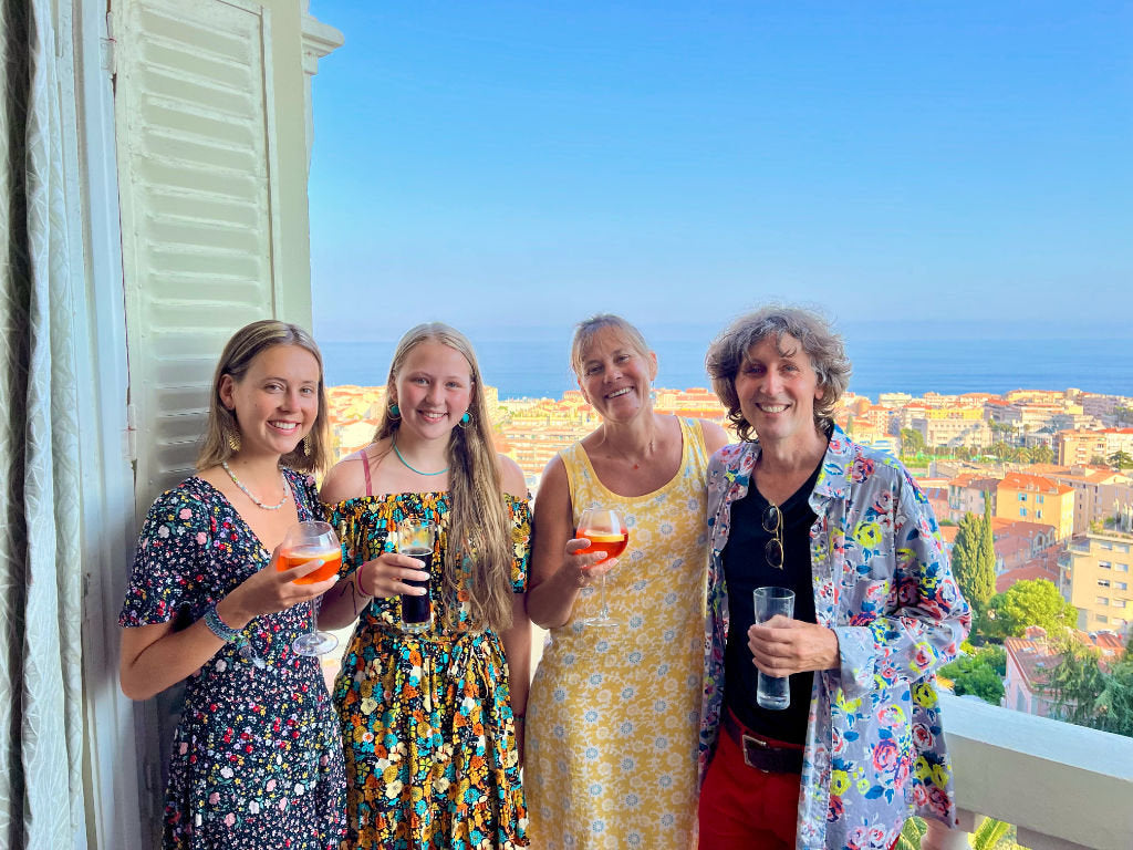 John Dyer, Joanne Short, Wilamena Dyer and Martha-Lilly Dyer on the balcony of the Winter Palace in Menton in France in 2022