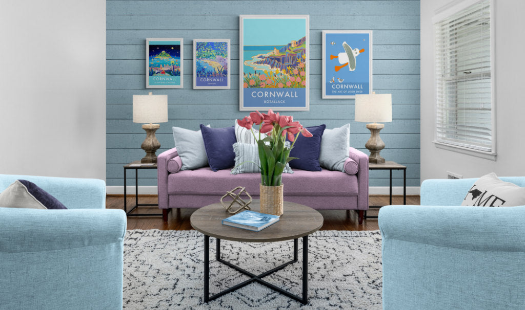 Feature gallery style wall in a lounge with art poster prints