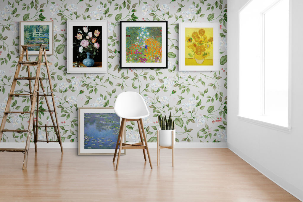 Historical print collection of floral art framed prints in a room setting