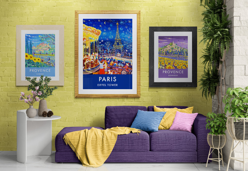 Framed art poster prints of France and Paris in a contemporary French room
