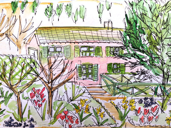 Joanne short sketch book ink drawing with watercolour of Giverny - Monet's garden in France