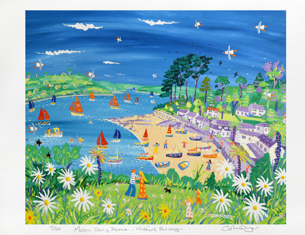 Signed Limited Edition Print by Cornish Artist John Dyer. Moon Daisy Dance, Helford Passage. Cornwall Art Gallery Print