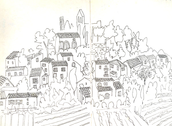 Sketchbook drawing, in pen, of Rasteau, Provence, by artist Joanne Short