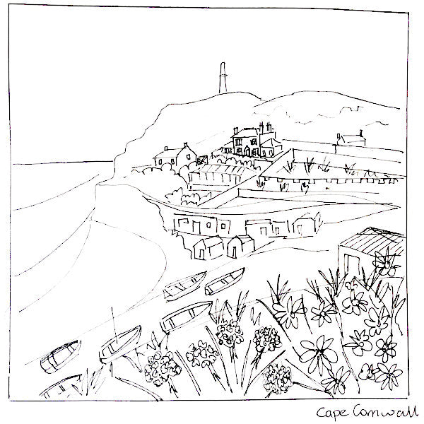 Joanne Short pen and ink sketchbook drawing of Cape Cornwall