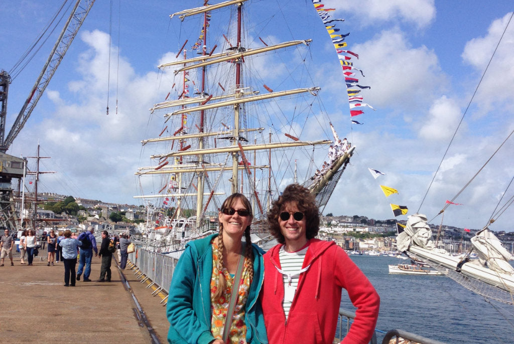 Artist Joanne Short with artist John Dyer on the docks in Falmouth exploring the Tall Ships