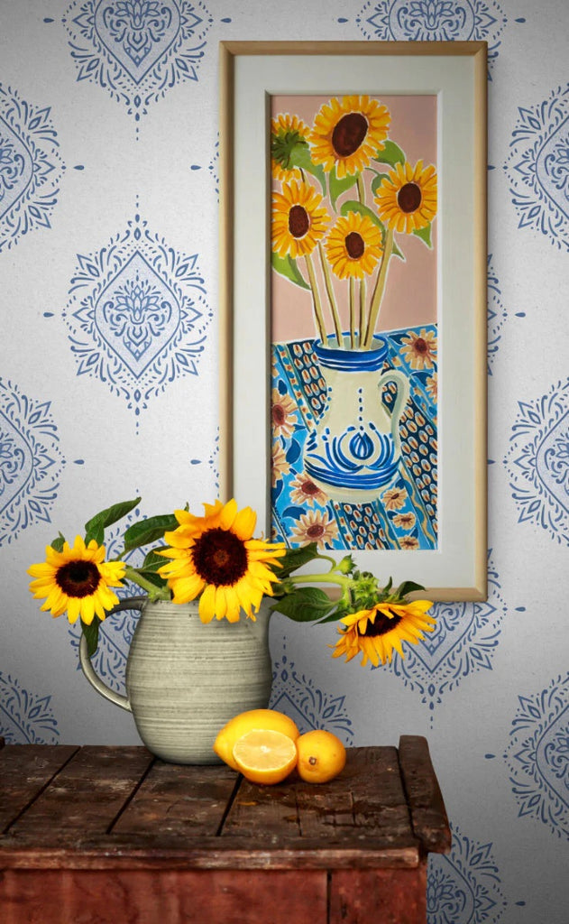 Yellow Sunflowers and Blue Tablecloth