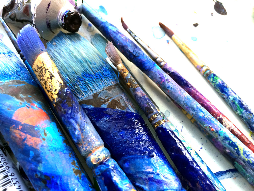 Brushes in John Dyer's art studio in Cornwall