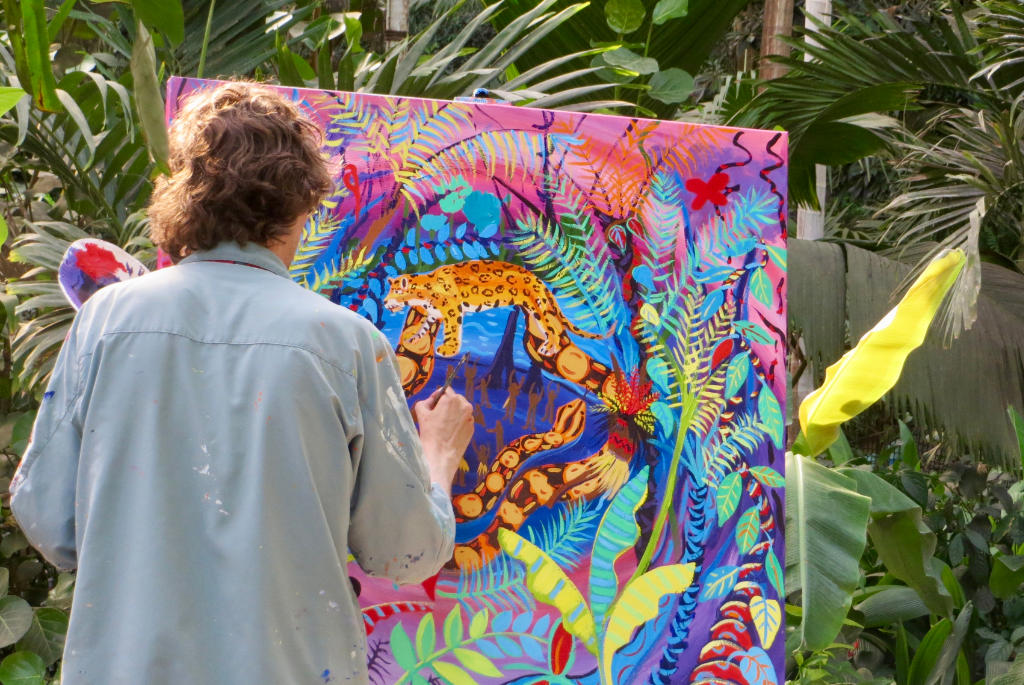 John Dyer at work on a Amazon rainforest painting 'Nawê - Spirits of the Amazon Rainforest'
