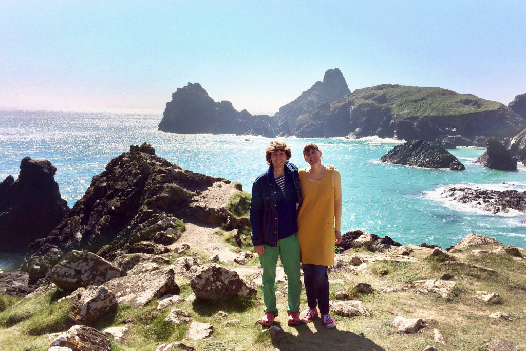 Cornwall artists John Dyer and Joanne Short pictured on the cliffs at Kynance Cove in Cornwall