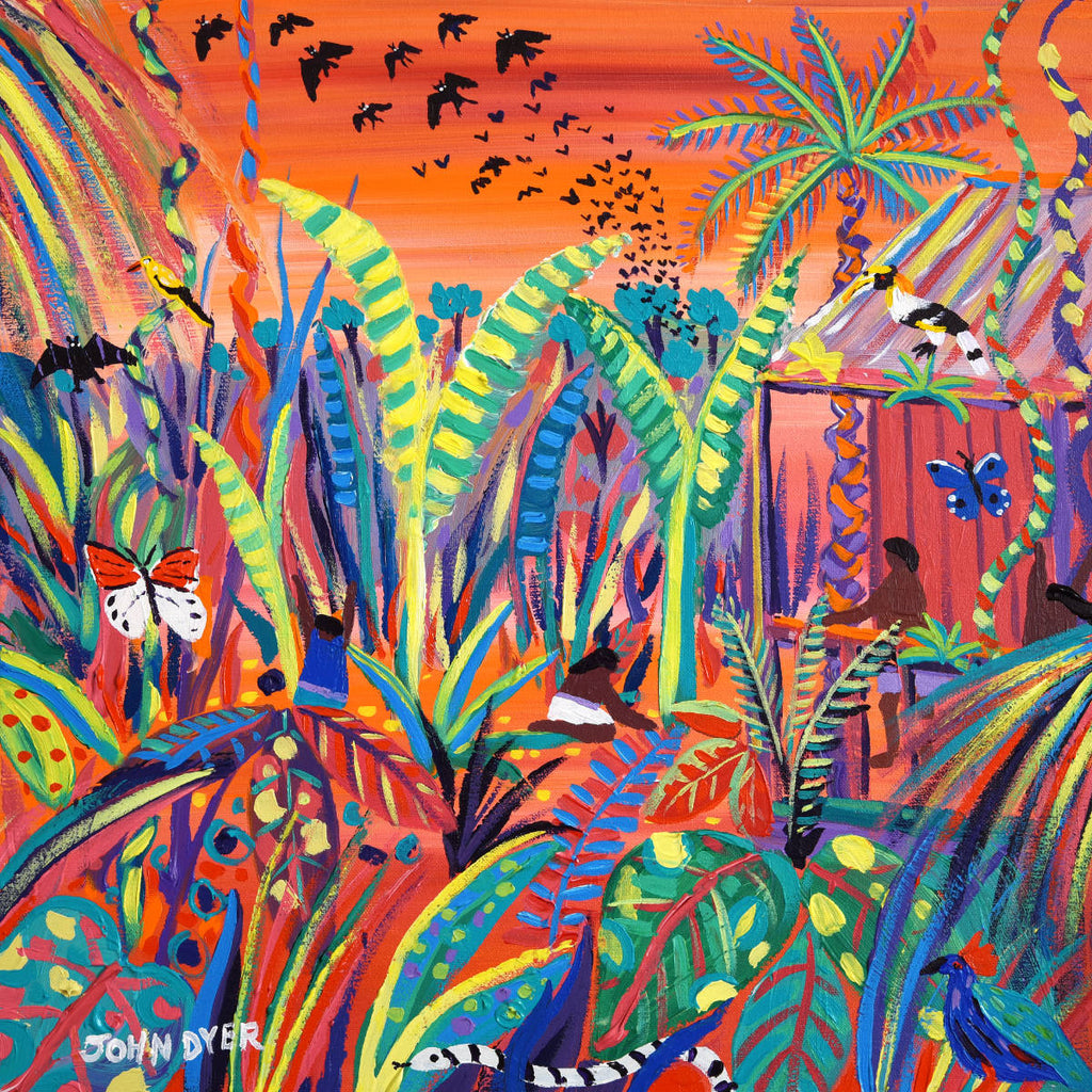 'Borneo Rainforest Sunset', 18x18 inches acrylic on canvas. Borneo Jungle Painting by Environmental Artist John Dyer
