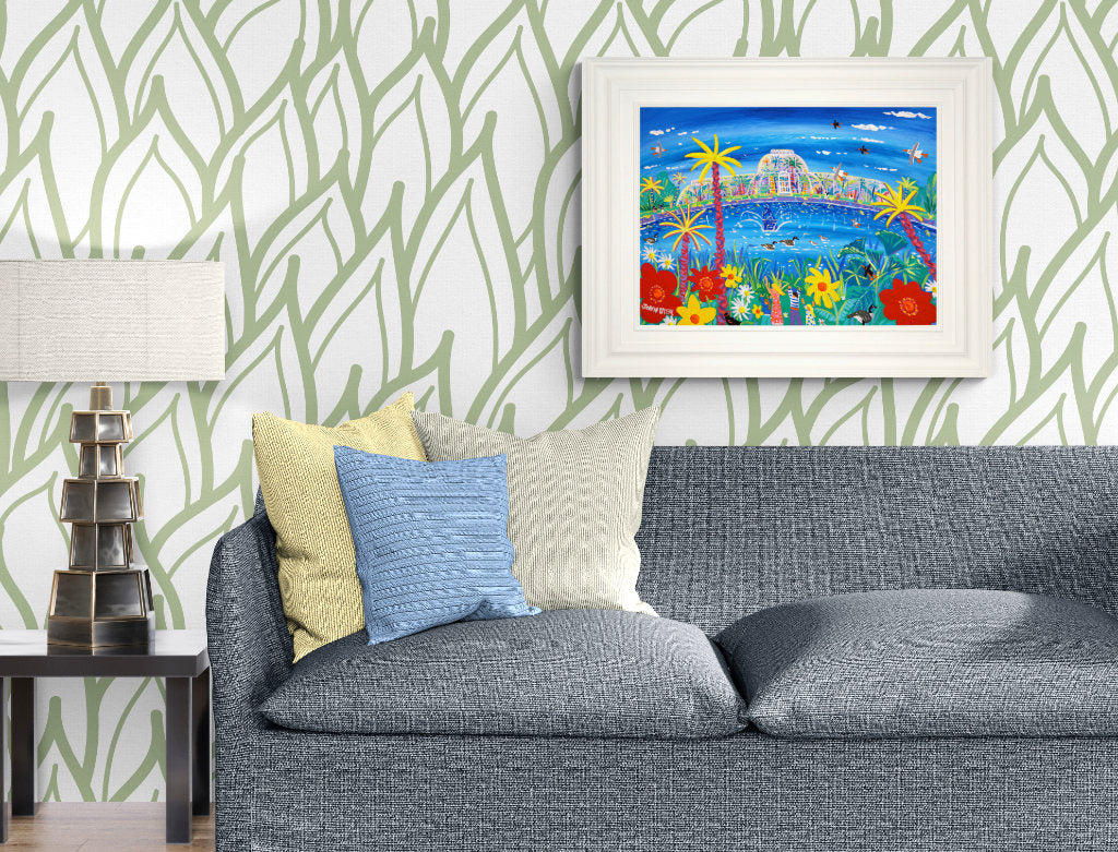 John Dyer painting of Kew gardens in London displayed against botanical wallpaper in a living room setting