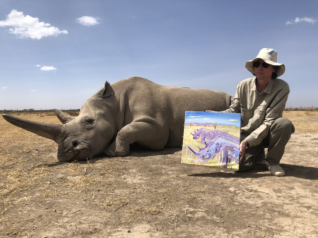 Artist John Dyer painting the last two Northern White Rhino on earth in 2023