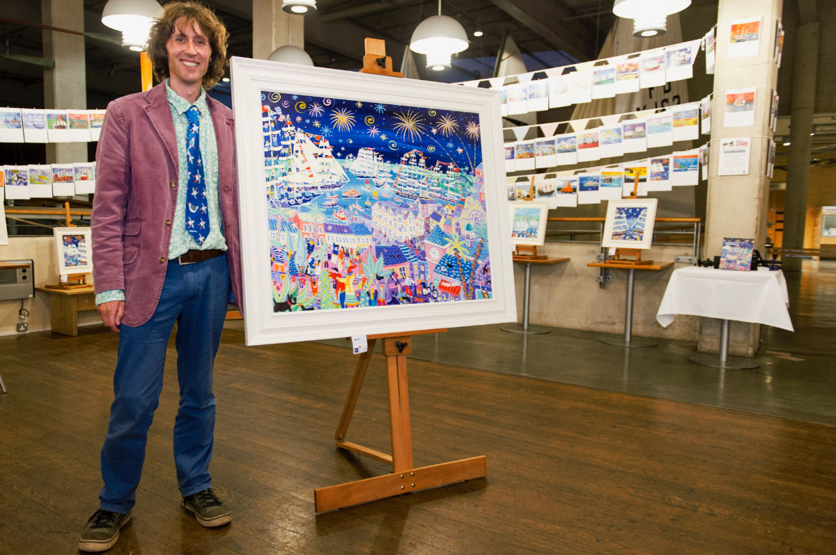 Artist John Dyer with his official painting for the Tall Ships regatta in Falmouth. In the National Maritime Museum Cornwall