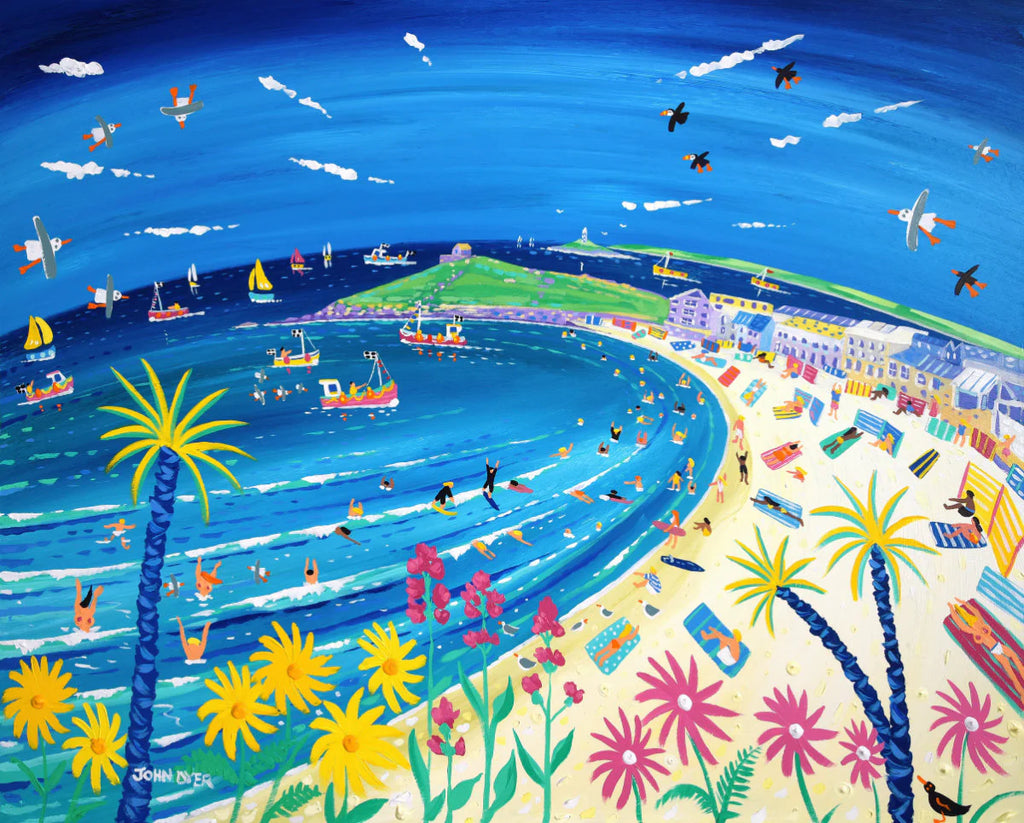 'Tropical Days at Porthmeor Beach, St Ives'. 33x40 inches original art acrylic on board. Paintings of Cornwall by Cornish Artist John Dyer