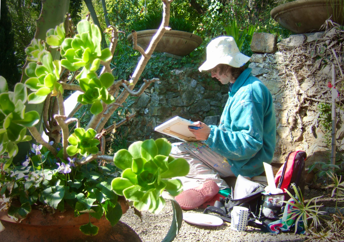 Artist John Dyer painting in the gardens of the Clos du Peyronnet, Menton, France