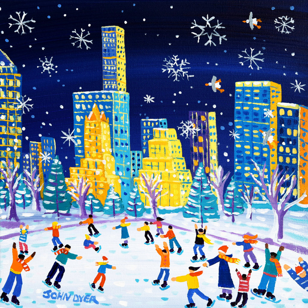 'Winter Wonderland, Central Park, New York', 12x12 inches acrylic on canvas. Paintings of America by British Artist John Dyer. American Art Gallery