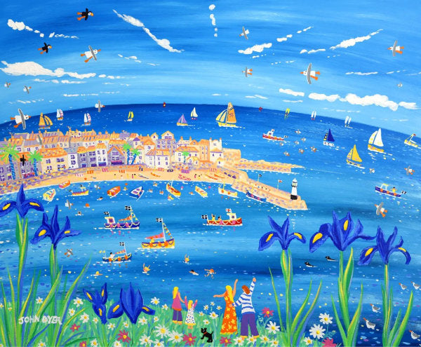 A painting by artist John Dyer with blue flowers in the foreground and St Ives harbour behind. 