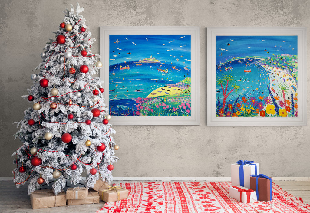 John Dyer original paintings available for Christmas in a room setting with a festive Christmas tree