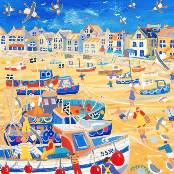 A painting of St Ives harbour depicting colourful boats and fisherman. Available for sale at the John Dyer Gallery