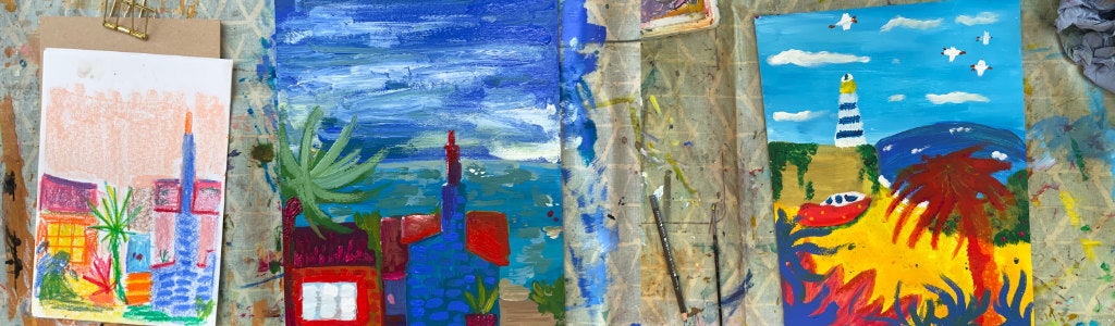 Paintings created by children in the John Dyer St Ives School of Painting workshop