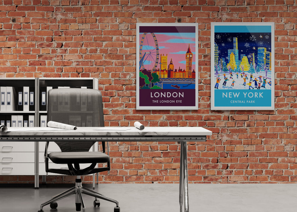 Large posters of New York and London in office situation