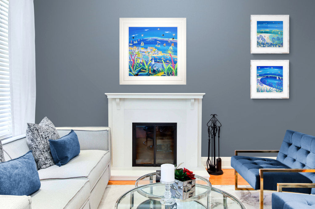 John Dyer paintings and print wall art decor in a living room setting