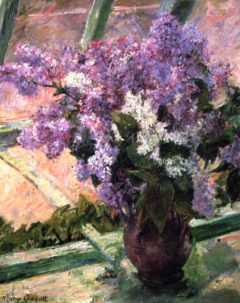 Painting by artist Mary Cassatt, 'Lilacs in a window'