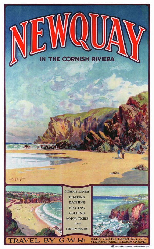 1920s vintage railway poster print of Newquay beach in Cornwall