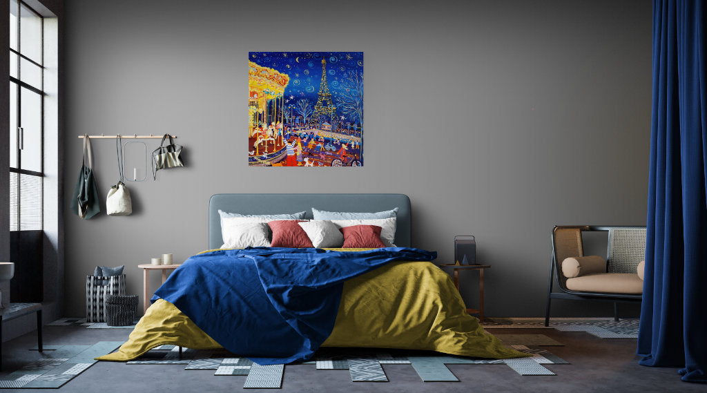 Canvas wall art Paris print by artist John Dyer in a bedroom setting