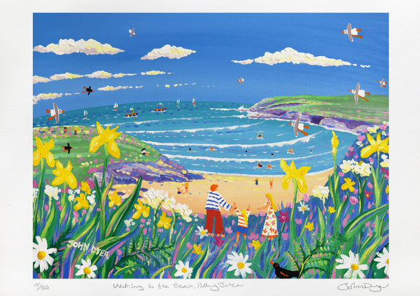 Signed limited edition print by Cornish artist John Dyer of wildflowers at the beach of Polly Joke i n Cornwall