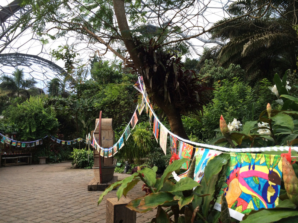 Above: Exhibition of art in the rainforest biome of the Eden Project from children across the world that was inspired by the rainforest art of John Dyer and Nixiwaka Yawanawá and the 'Spirit of the Rainforest' project.
