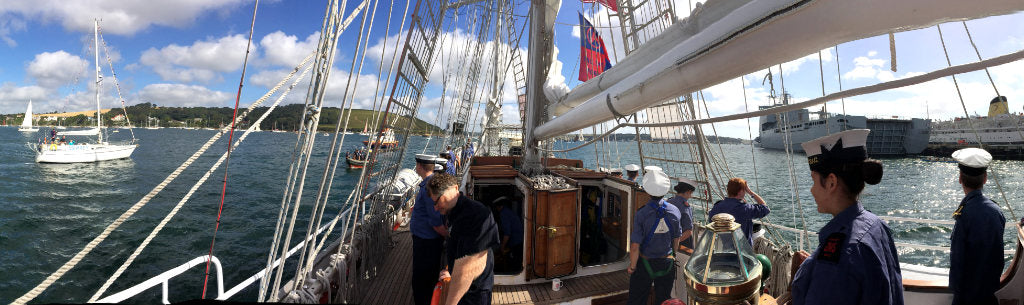 The view from a Tall Ship as it heads out to Falmouth Bay for the Parade of Sail