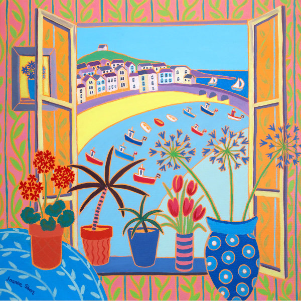 View of St Ives harbour through an open window by artist Joanne Short. Colourful vases of flowers sit on the window sill