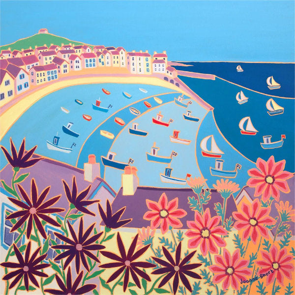 Painting by artist Joanne Short - view across the rooftops to the harbour with purple daisies and pink gazanias in the foreground