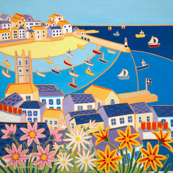 A colourful painting of St Ives by artist Joanne Short. The view is across the rooftops with pretty flowers in the foreground