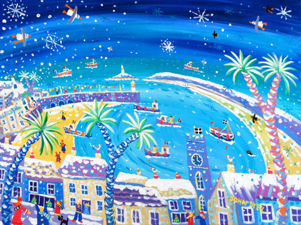 View across the rooftops of St Ives towards the harbour, on a winter snowy day, painted by artist John Dyer