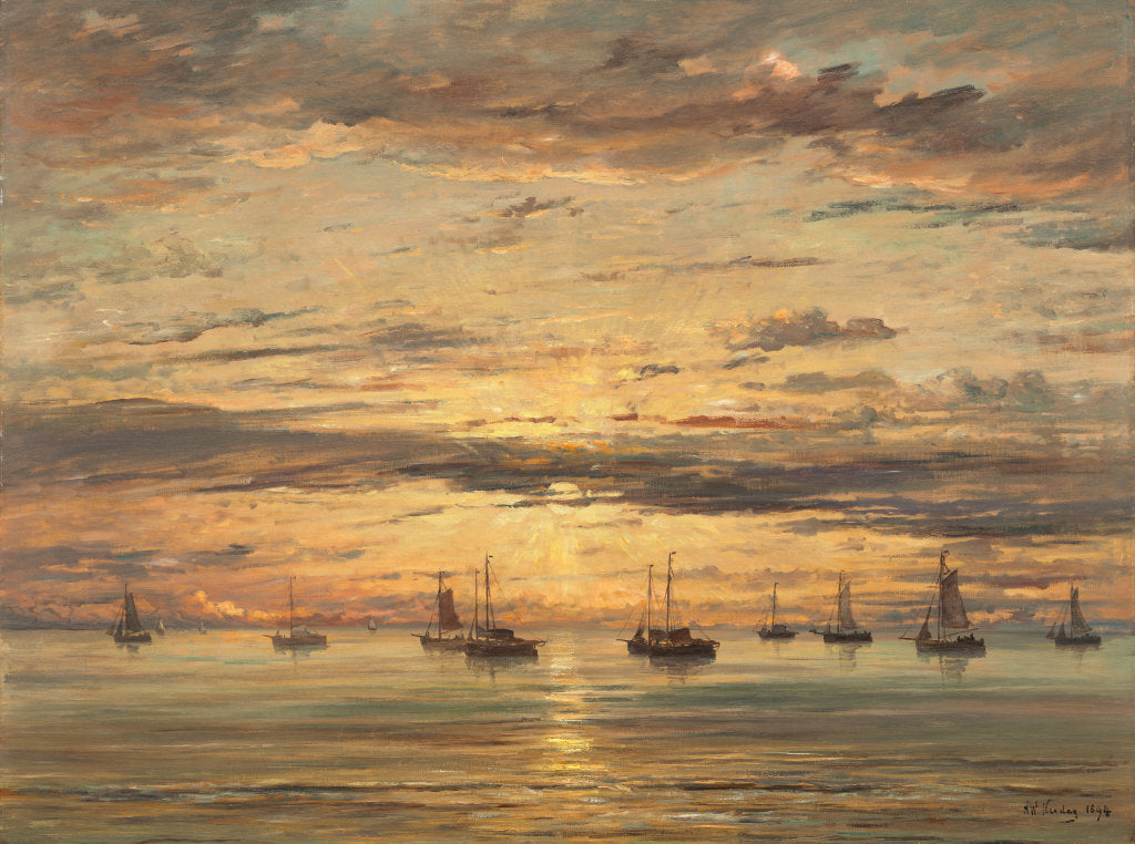 'Sunset at Scheveningen: A Fleet of Fishing Vessels at Anchor' 1894, by Hendrik Willem Mesdag