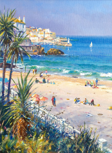 Painting by Ted Dyer of Porthminster Beach with a view of St Ives behind