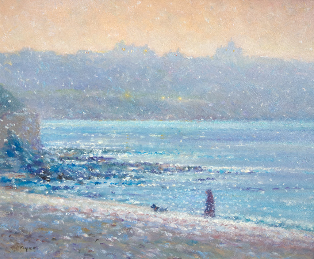 Dyer, Ted: Walking in a snow flurry, Falmouth, signed, oil on board, 26 x 31 cms.