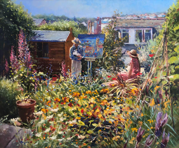 Ted Dyer painting 'An Artist's Garden'  featuring artists John Dyer and Joanne Short