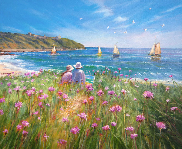 Oil painting by Ted Dyer, Sea Pinks and Painter, Falmouth