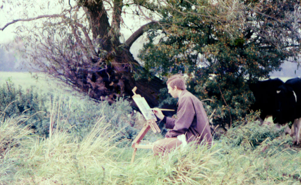 Ted Dyer painting willow trees 'en plein air' on the Somerset levels in circa 1968