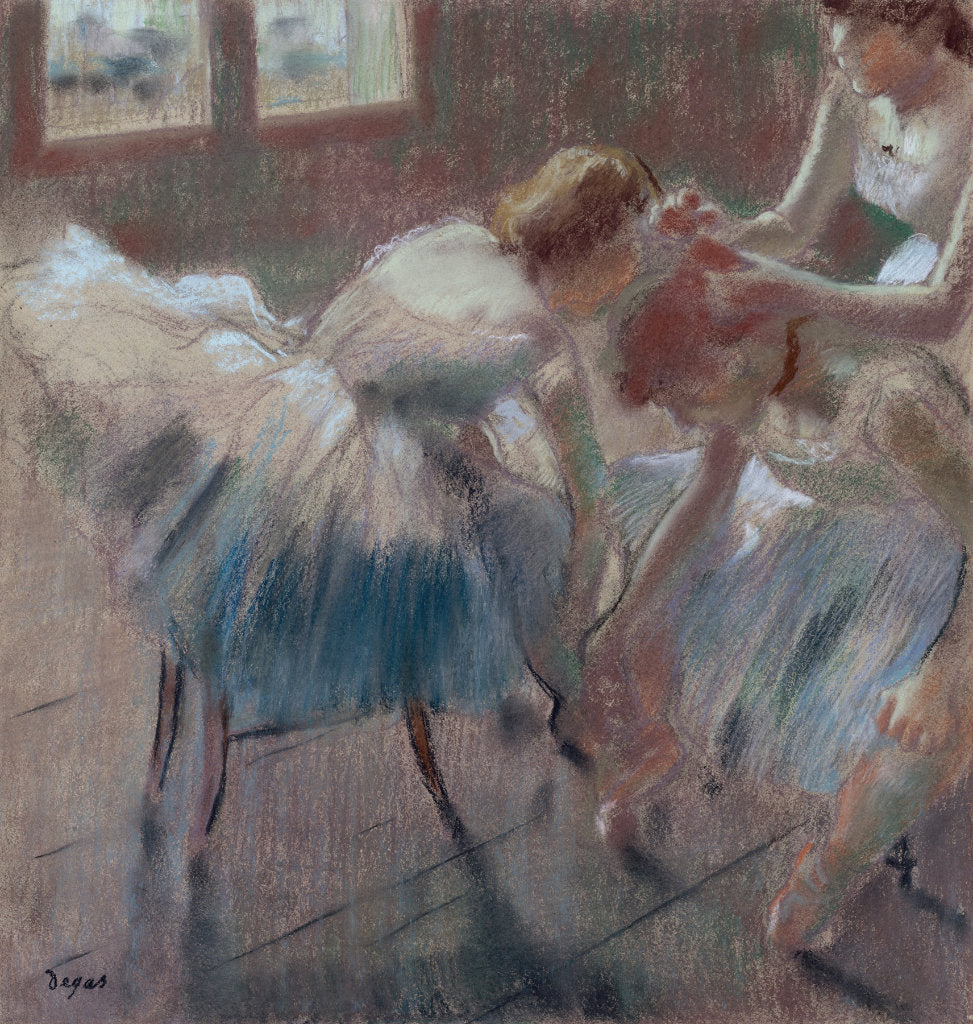 painting by Edgar Degas, Three Dancers preparing to Dance